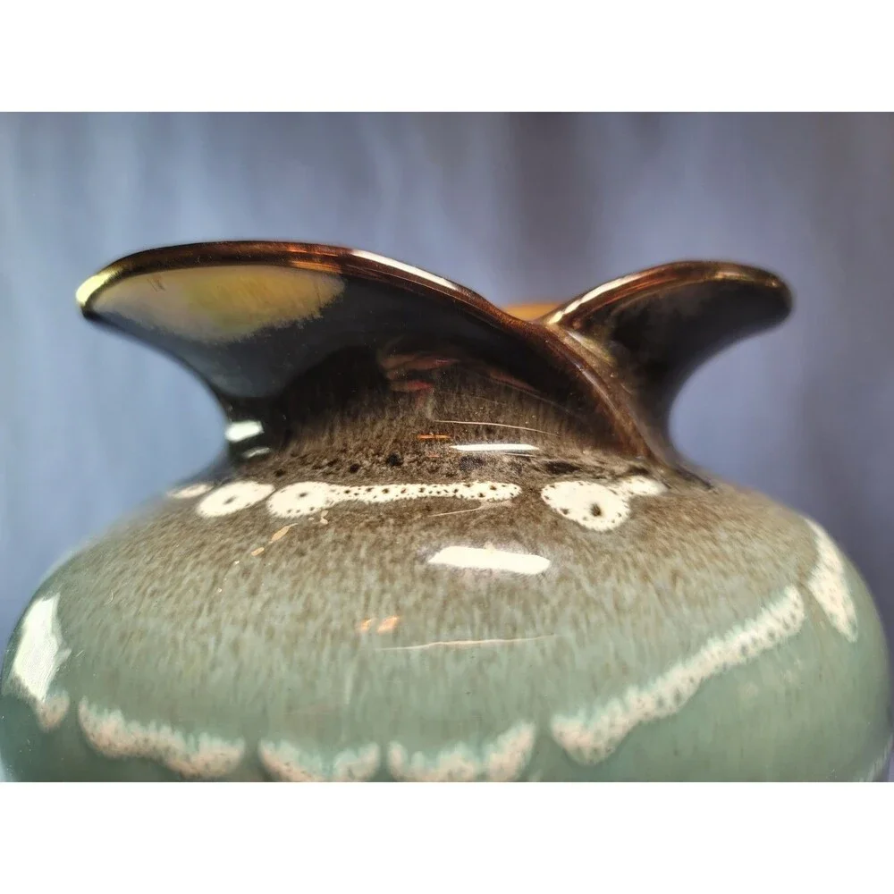 Drip Lava Vase Glazed German Tulip UNIQUE Green Black & Gold Vintage 8.5''